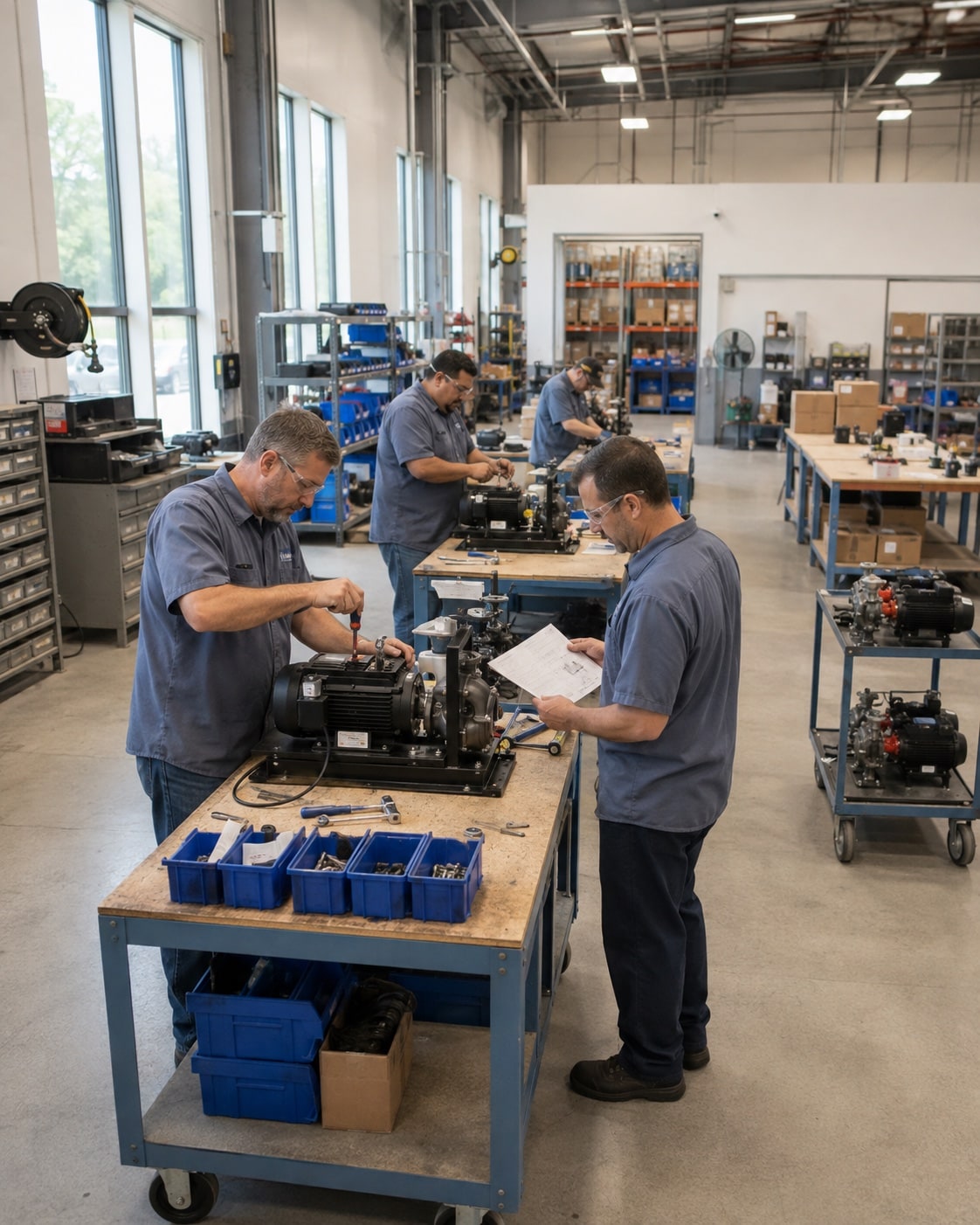 Assembly staff working across a row of electromechanical workstations.