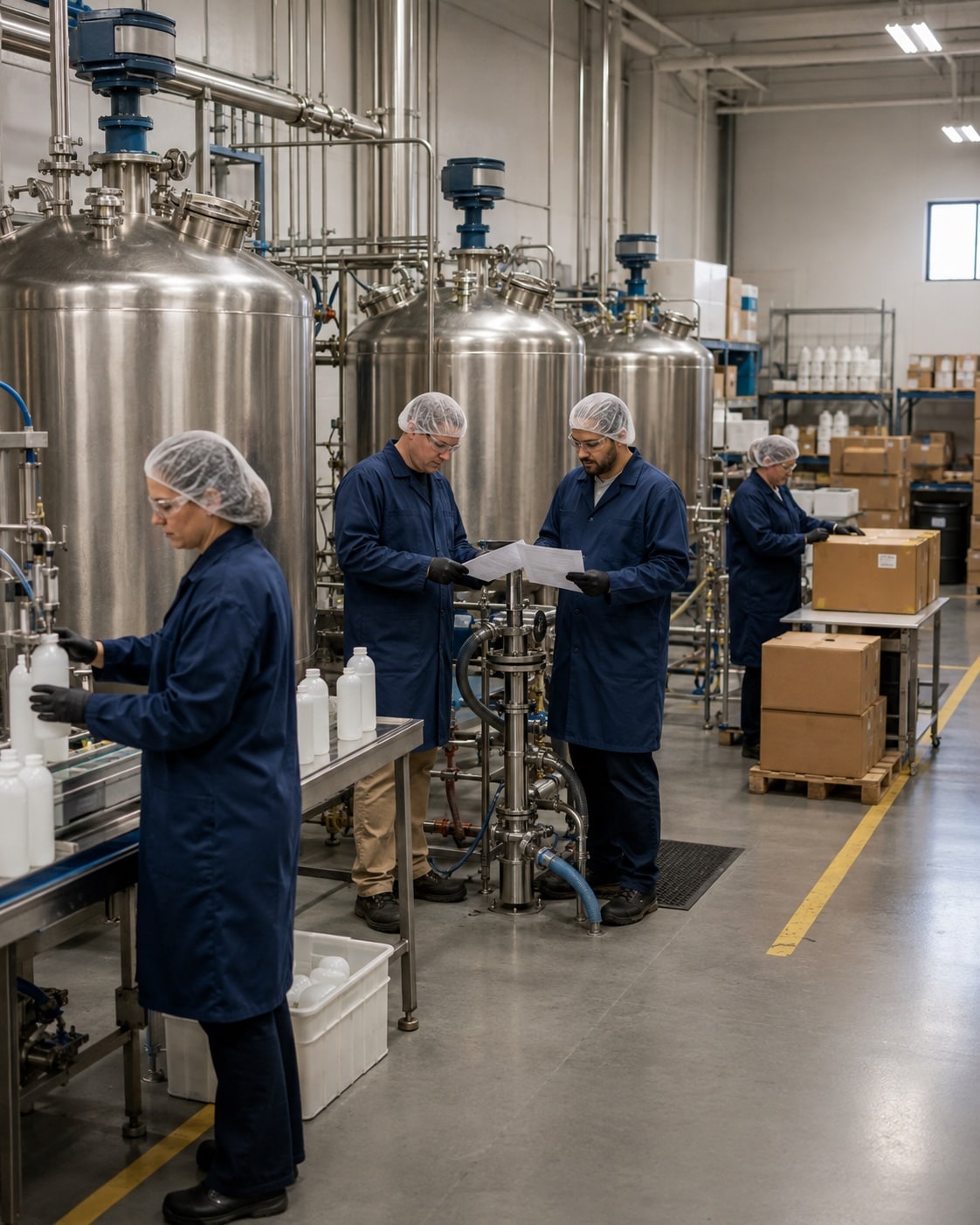Production staff coordinating a batch among vessels and packing stations.