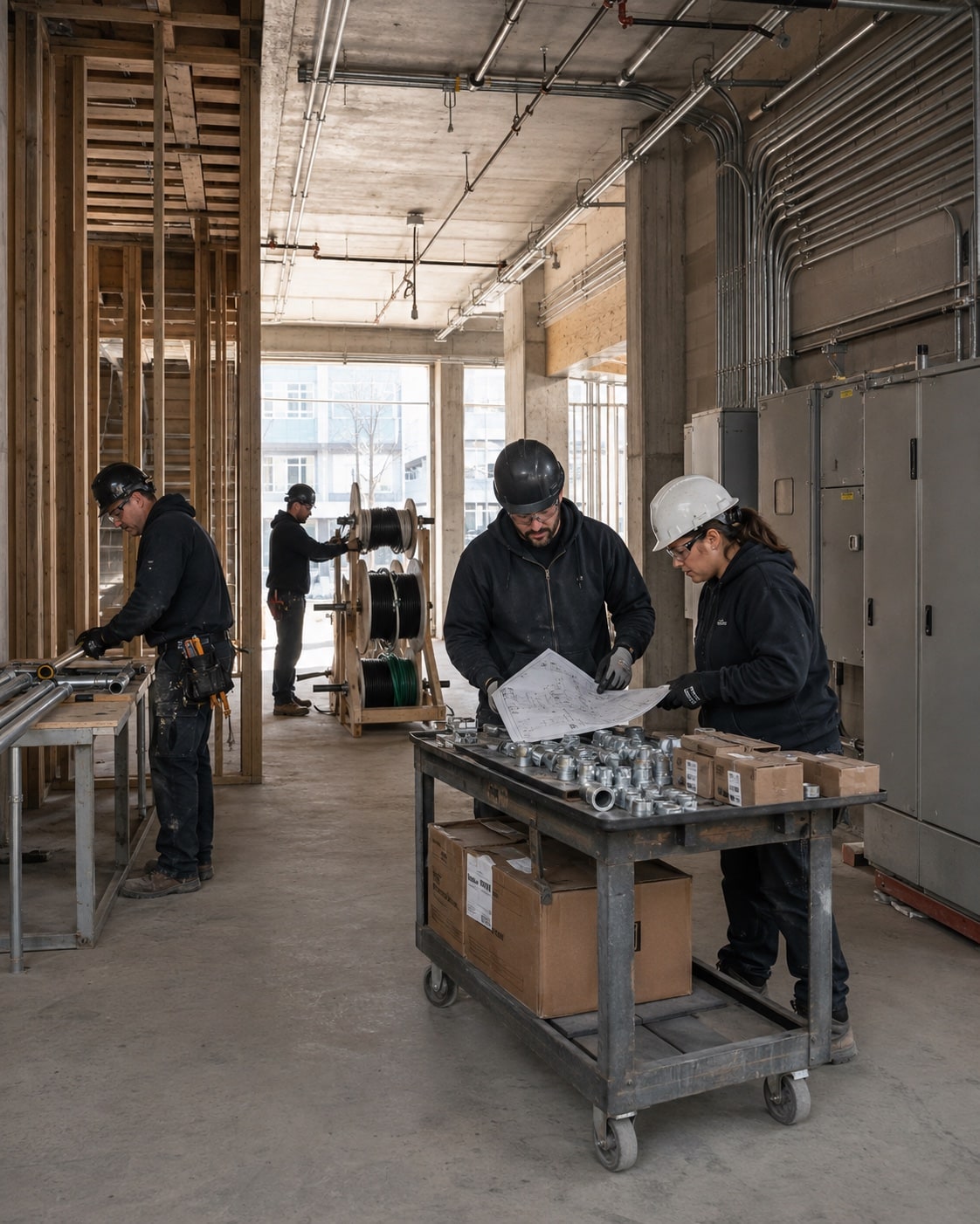 An electrical crew preparing materials for a building installation.