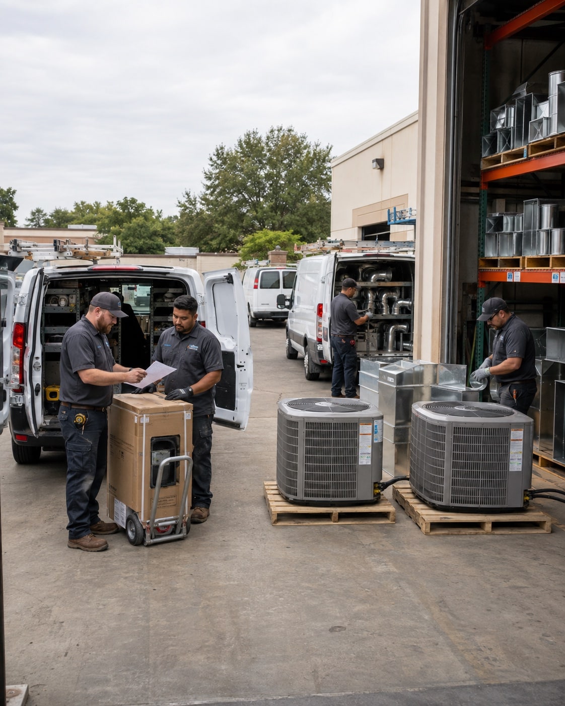 An HVAC service team coordinating work beside its vans and equipment.