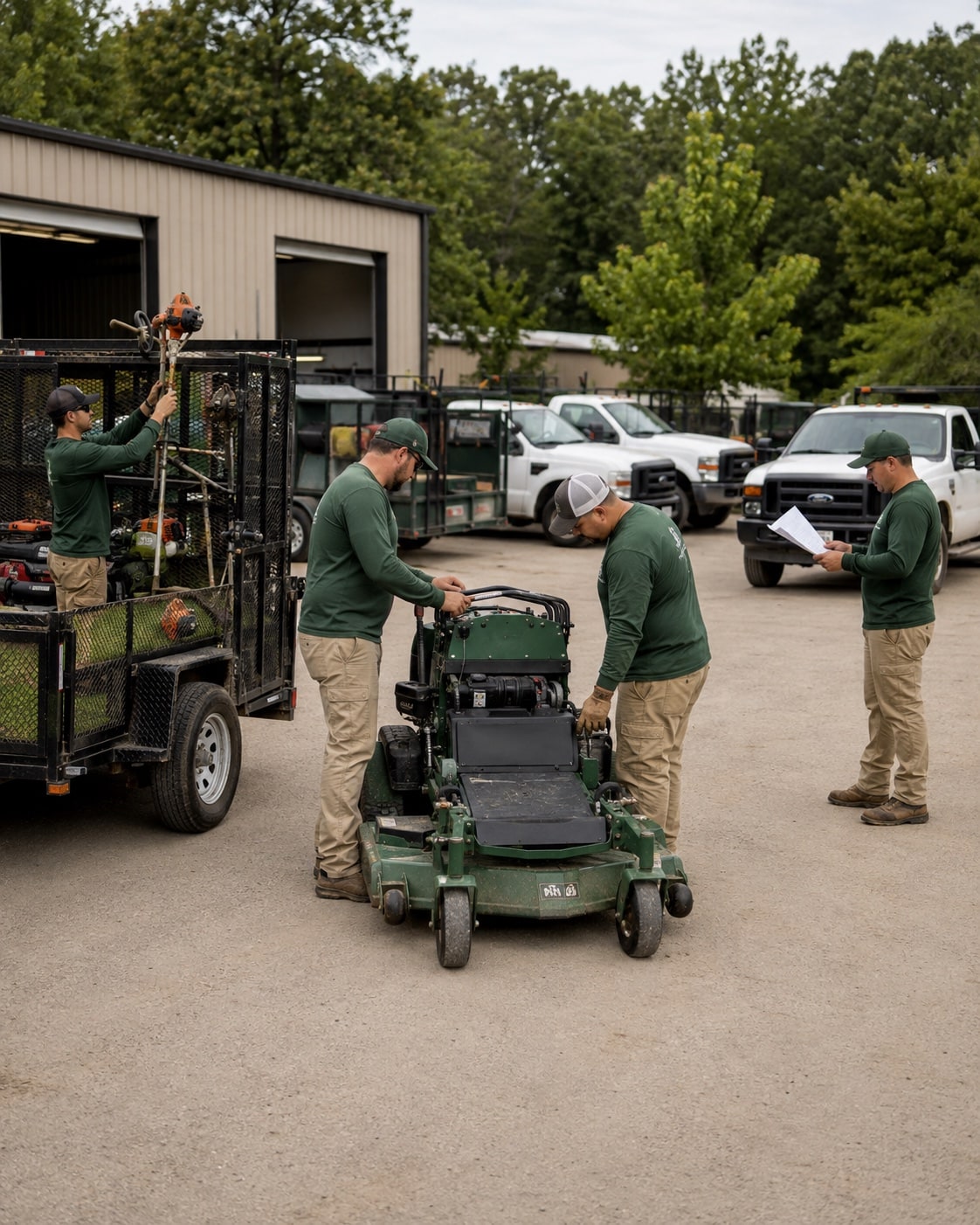 A commercial landscape crew preparing equipment beside service trucks.