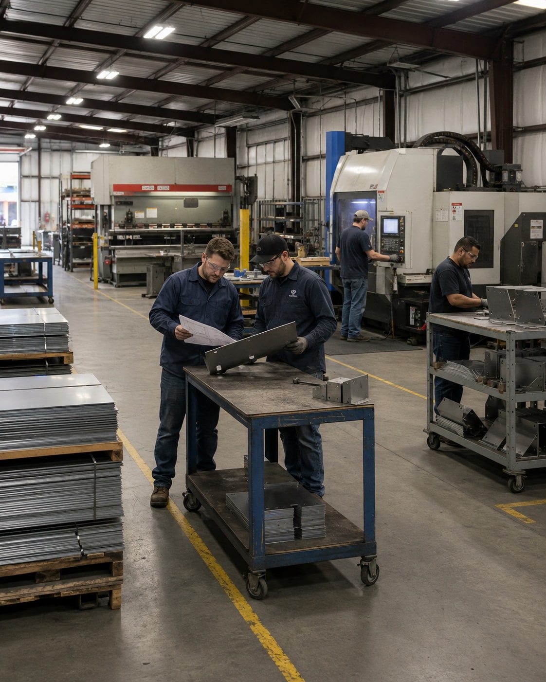 A metal shop team coordinating work across machines and material racks.