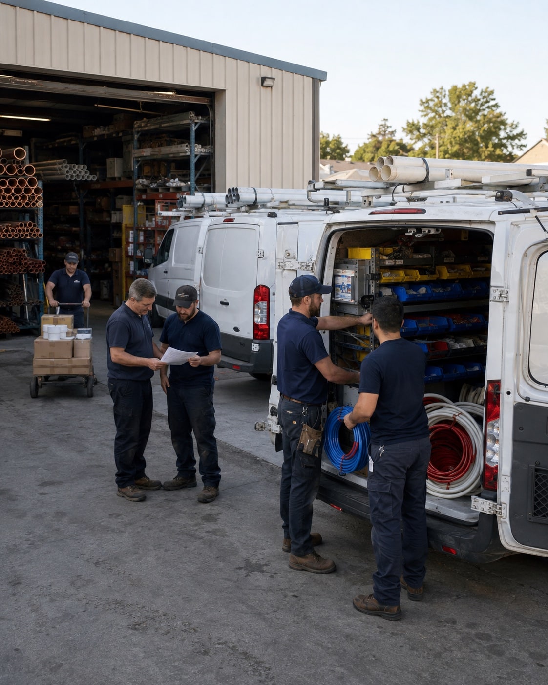 A plumbing team loading parts and planning the day at its service yard.