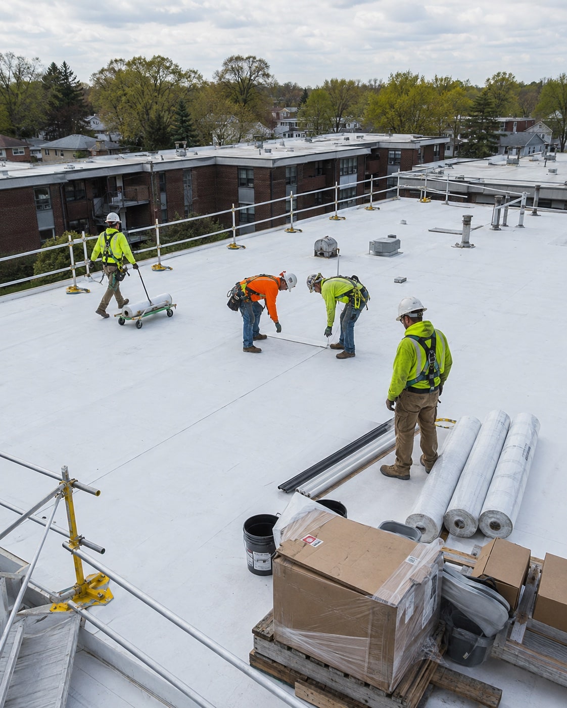 A roofing crew coordinating work across a multifamily roof.
